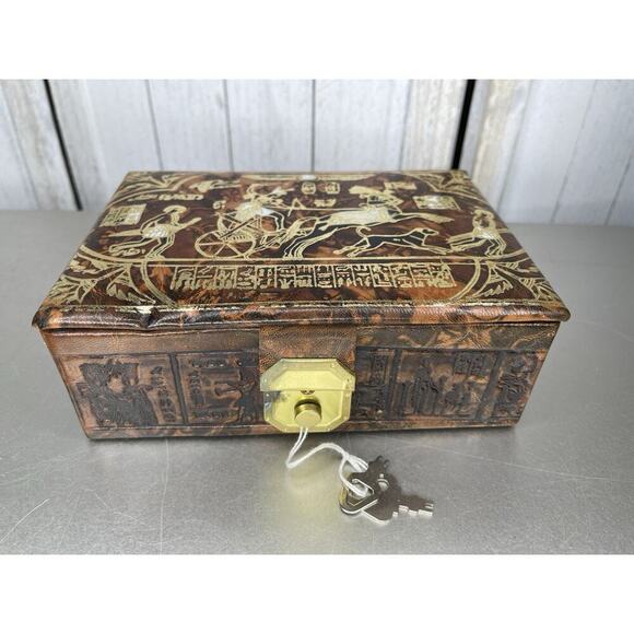 VTG Egyptian Camel Leather Lock Jewelry Box Osiris King Tut Hieroglyphic Gold